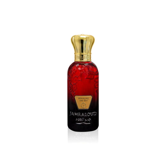 Jamr Al Oud red and gold Khajal hair mist luxury perfume bottle on white background
