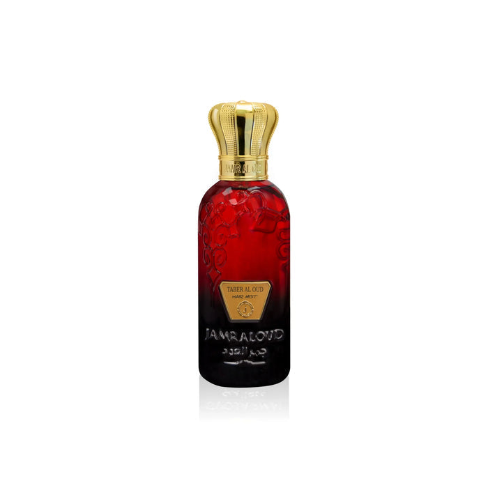 Jamr Al Oud Taber Al Oud luxury hair mist in red bottle with gold crown cap
