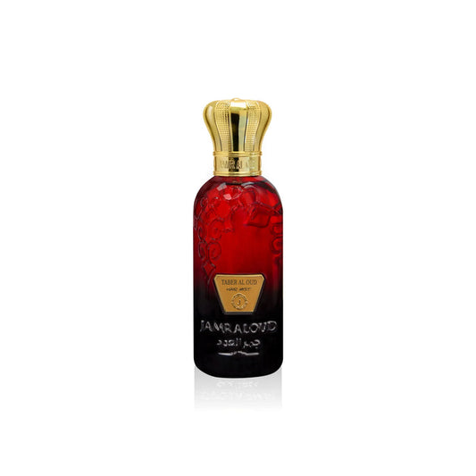 Jamr Al Oud Taber Al Oud luxury hair mist in red bottle with gold crown cap