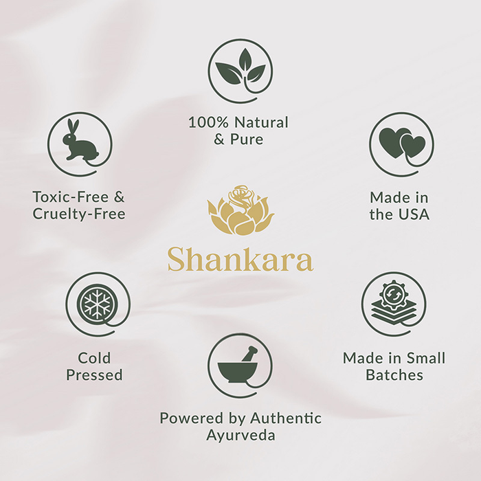 Shankara logo surrounded by icons highlighting features such as toxic-free and cruelty-free, 100% natural and pure, made in the USA, cold pressed, powered by authentic Ayurveda, and made in small batches for Gheesutra Face Emulsion | Shankara skincare.