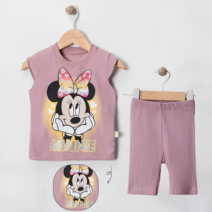 Toddler girls Minnie Mouse outfit displayed on hangers, featuring a pink sleeveless top with graphic and matching ribbed leggings.