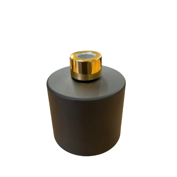 Glass Diffuser Bottle Matt Black - 200mls - Round with Sealing Plug and Gold Screw Cap