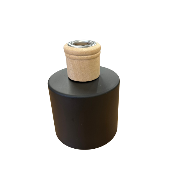 Glass Diffuser Bottle Matt Black - 200mls - Round with Sealing Plug and Wood Cap