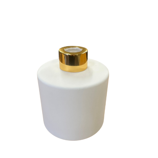 Glass Diffuser Bottle Matt White - 200mls - Round with Sealing Plug and Gold Screw Cap