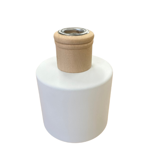Glass Diffuser Bottle Matt White - 200mls - Round with Sealing Plug and Wood Cap