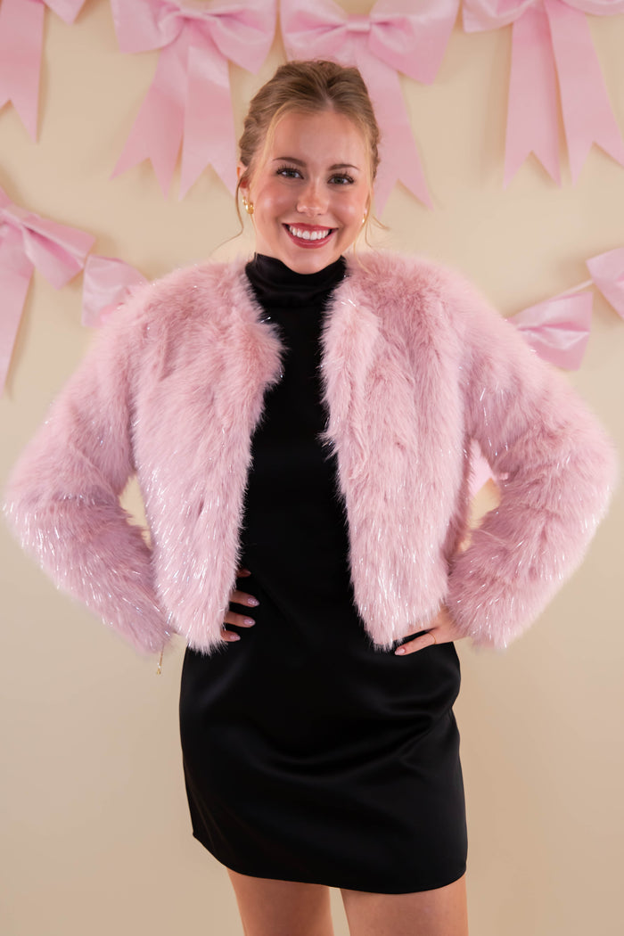 Blush Fur Jacket With Silver Tinsel- Shimmering Pink Fur Jacket- Affordable Fur Jacket