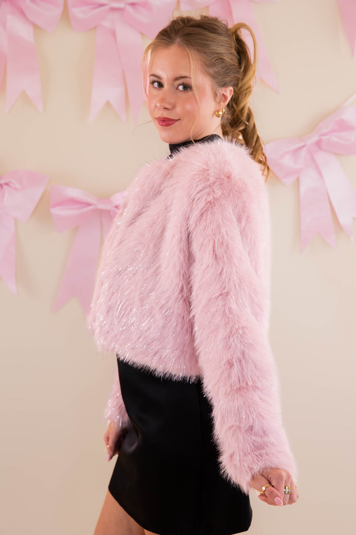 Blush Fur Jacket With Silver Tinsel- Shimmering Pink Fur Jacket- Affordable Fur Jacket