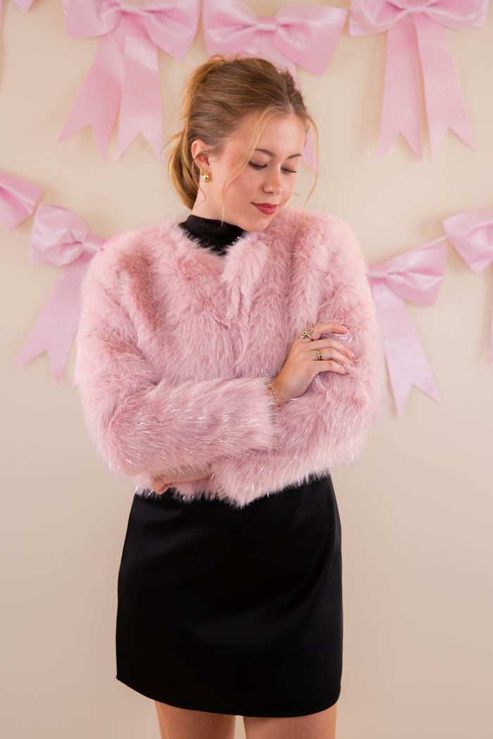 Blush Fur Jacket With Silver Tinsel- Shimmering Pink Fur Jacket- Affordable Fur Jacket