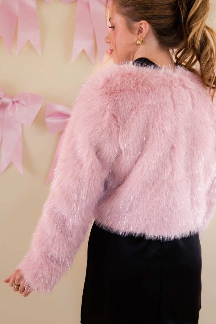 Blush Fur Jacket With Silver Tinsel- Shimmering Pink Fur Jacket- Affordable Fur Jacket