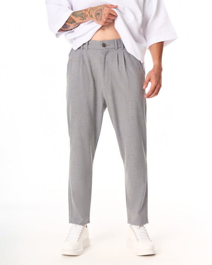 Martin Valen gray casual slim-fit trousers, front waist view showing belt loops, pleats and visible button