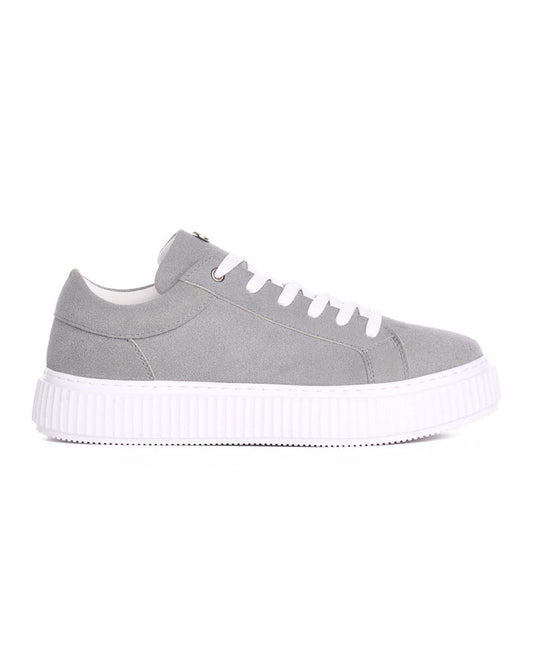 Martin Valen gray genuine leather casual sneaker, close side view showing white platform sole