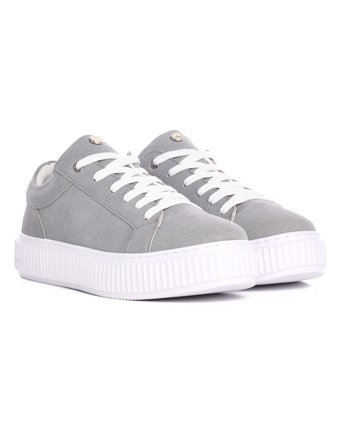 Martin Valen pair of gray genuine leather casual sneakers, front close view showing white laces and eyelets