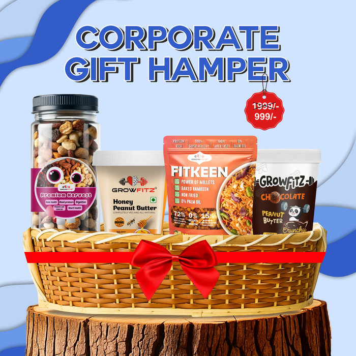 Growfitz Corporate Gift Combo | Dry Fruits + Honey Peanut Butter + Fitkeen + Chocolate Peanut Butter | Healthy Gifting for Employees & Clients