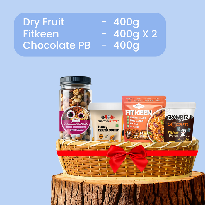 Growfitz Corporate Gift Combo | Dry Fruits + Honey Peanut Butter + Fitkeen + Chocolate Peanut Butter | Healthy Gifting for Employees & Clients