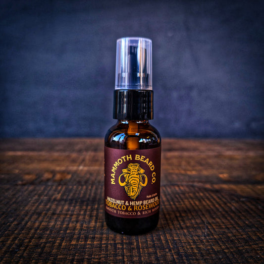 Mammoth Beard Co Hazelnut & Hemp beard oil in Tobacco & Rosewood scent, lightweight beard, skin, and hair oil for daily grooming