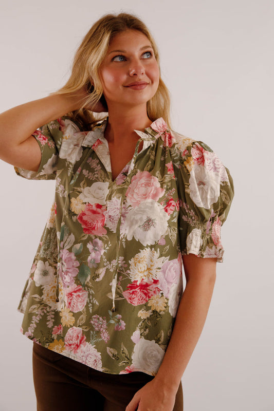Floral Print Puff Sleeve Blouse- Women's Work Tops- Entro Floral Blouse