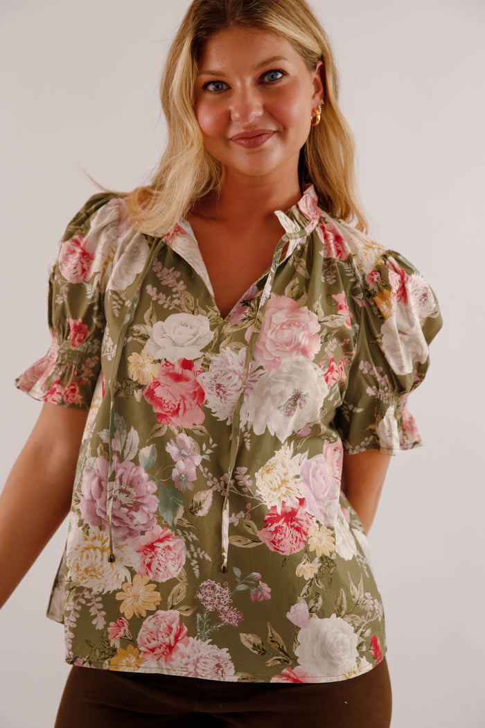 Floral Print Puff Sleeve Blouse- Women's Work Tops- Entro Floral Blouse