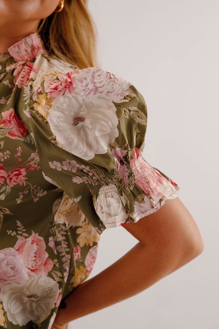 Floral Print Puff Sleeve Blouse- Women's Work Tops- Entro Floral Blouse
