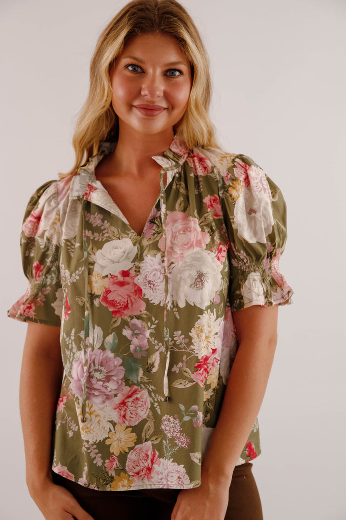 Floral Print Puff Sleeve Blouse- Women's Work Tops- Entro Floral Blouse
