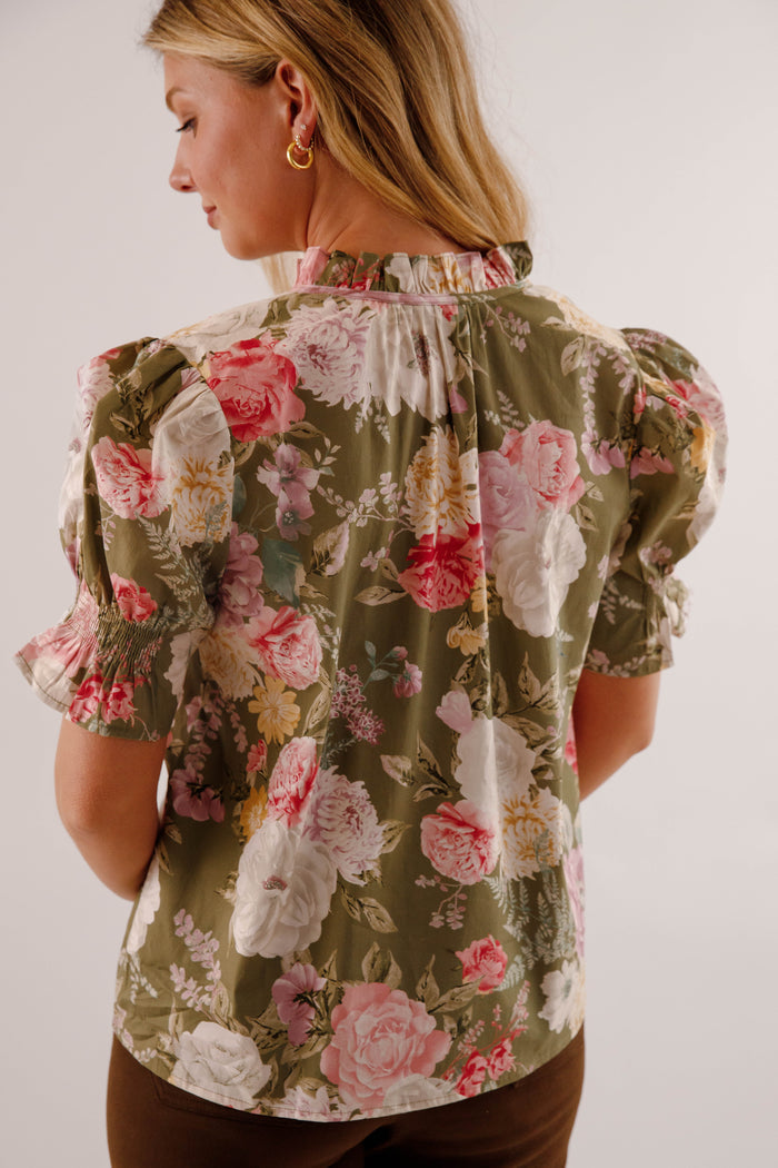 Floral Print Puff Sleeve Blouse- Women's Work Tops- Entro Floral Blouse
