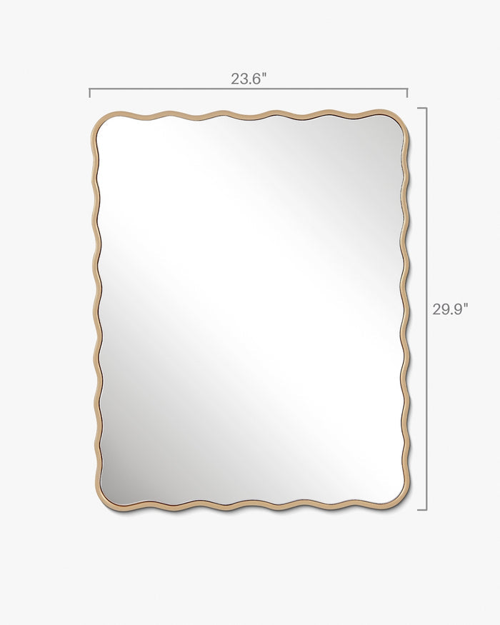 Rectangular wall mirror with a gold frame and softly wavy edges, measuring 23.6 inches wide by 29.9 inches high.