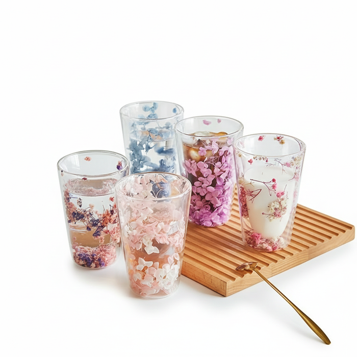 High borosilicate double-layer glass cup with dried flowers 350 ml – Home Hatch Pakistan
