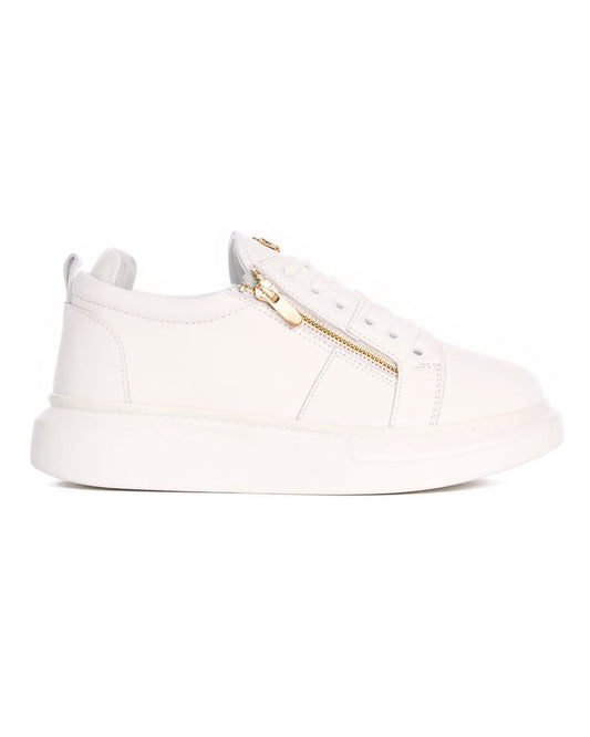 Martin Valen Hype Sole white leather sneakers, close side view showing gold zipper detail
