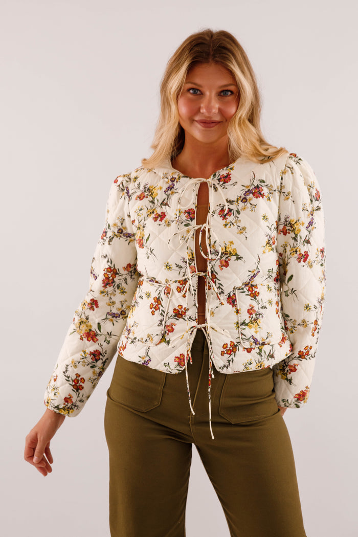 Front Tie Quilted Jacket- Women's Floral Print Quilted Jacket- Entro Jackets for Women