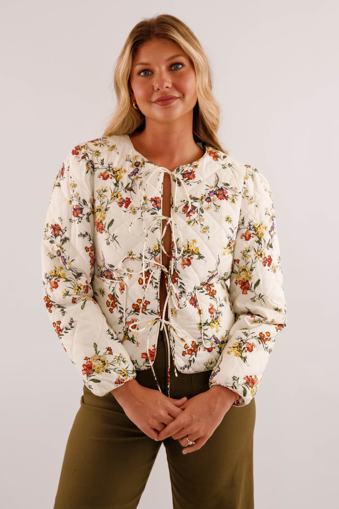 Front Tie Quilted Jacket- Women's Floral Print Quilted Jacket- Entro Jackets for Women