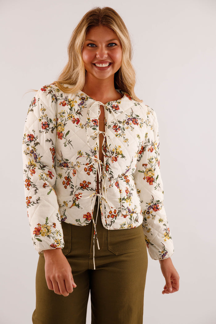 Front Tie Quilted Jacket- Women's Floral Print Quilted Jacket- Entro Jackets for Women
