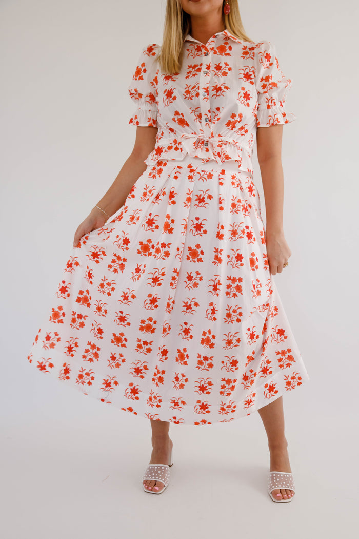 Red Floral Two Piece Set- Women's Matching Set- Midi Skirt Set