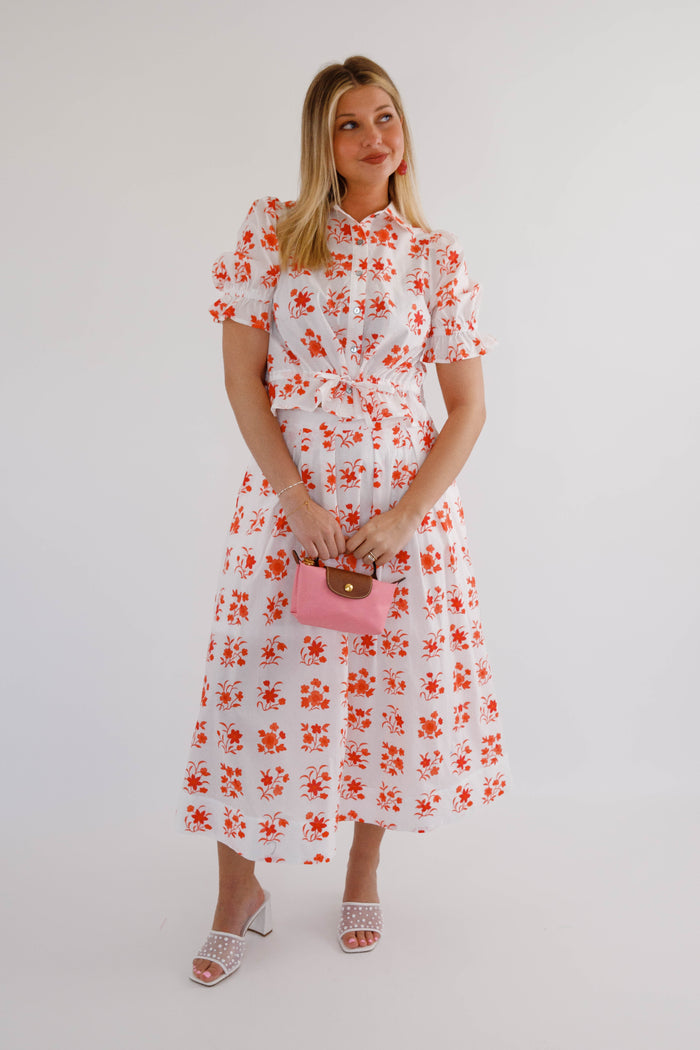 Red Floral Two Piece Set- Women's Matching Set- Midi Skirt Set