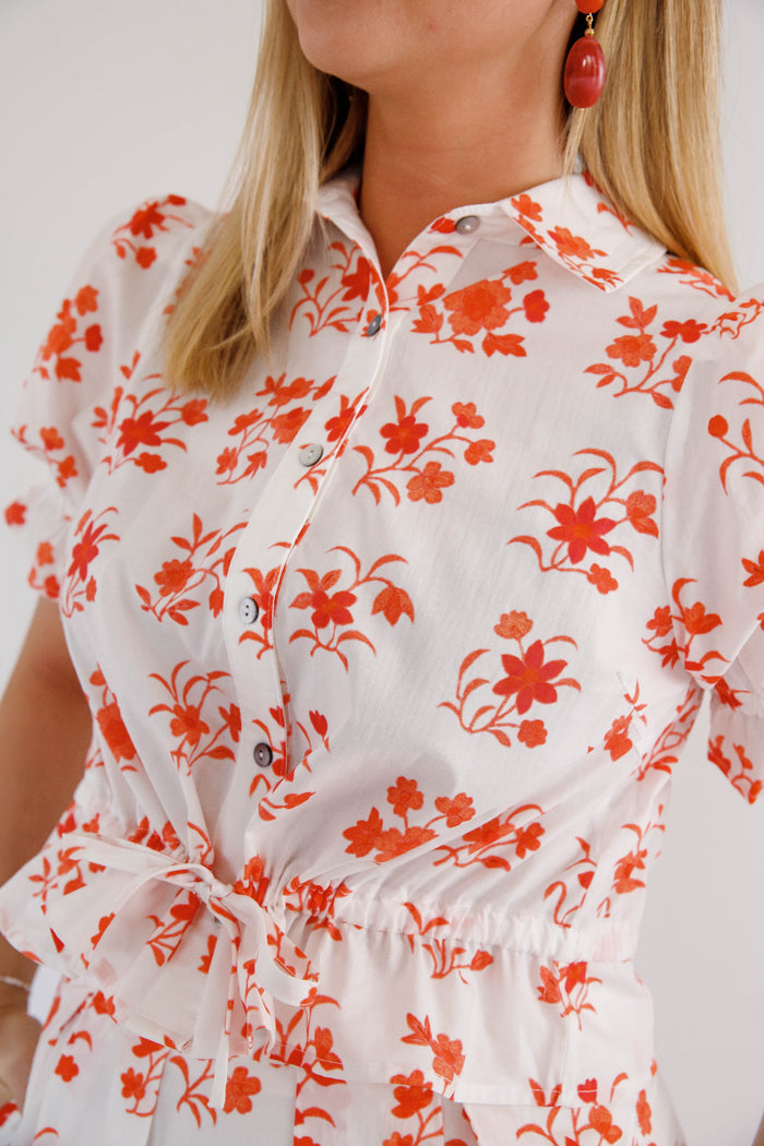 Red and White Floral Top- Women's Matching Set- Entro Matching Top and Skirt