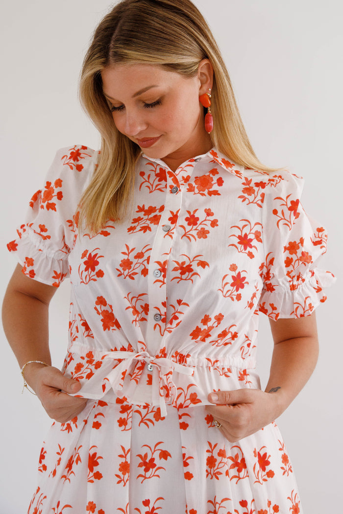 Red and White Floral Top- Women's Matching Set- Entro Matching Top and Skirt