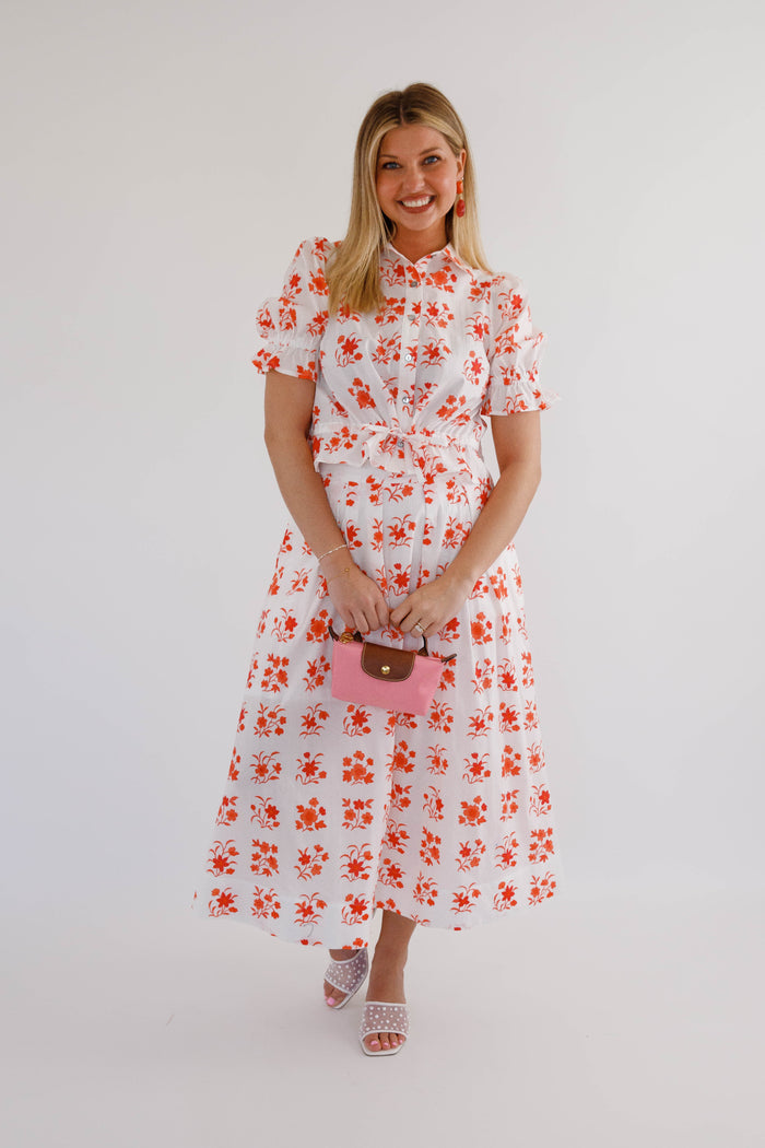Red and White Floral Top- Women's Matching Set- Entro Matching Top and Skirt