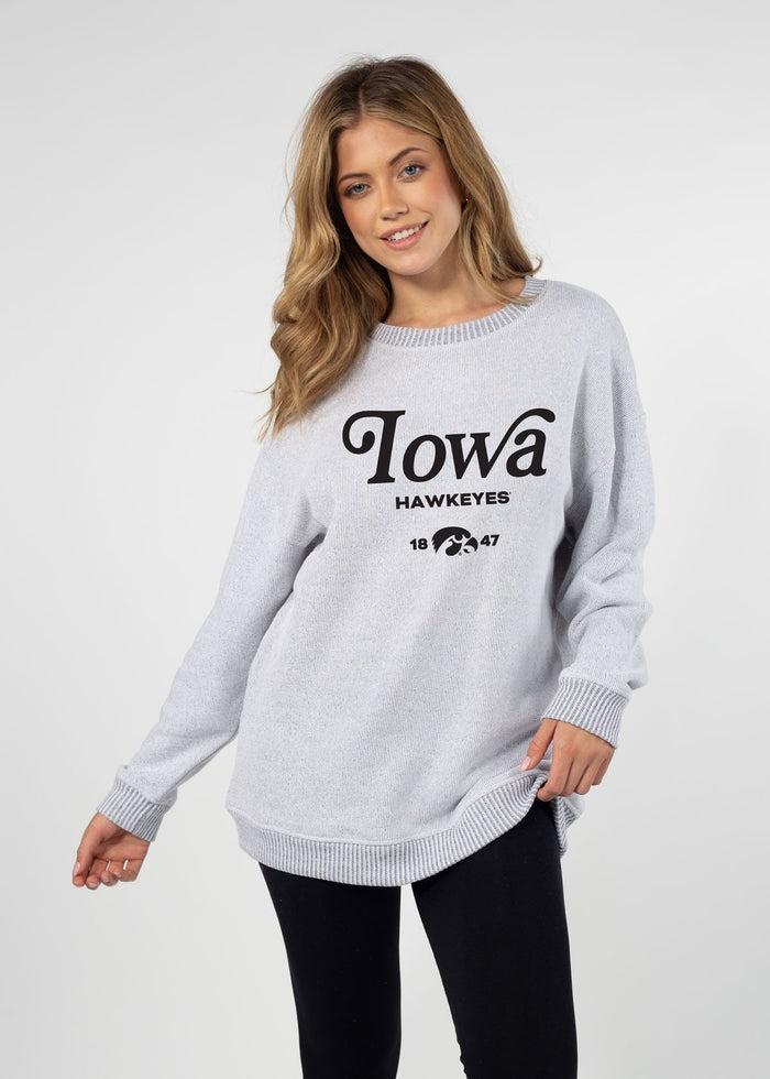 Iowa Hawkeyes Women's Heather-Grey Relaxed, straight Yarn-dyed brushed fleece Sweatshirt with the look of sweater, the touch of a blanket, crew neckline and ribbed neck, cuffs and hem