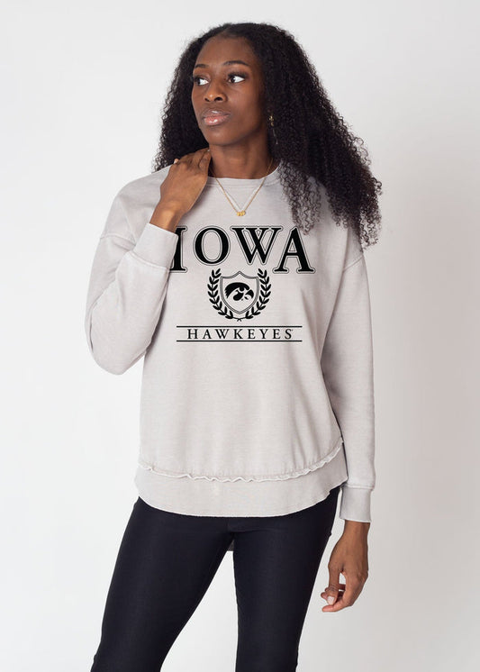 Iowa Hawkeyes Women's Steel Relaxed Burnout fleece Sweatshirt with crew neck, dropped shoulders and hi-lo curved hem