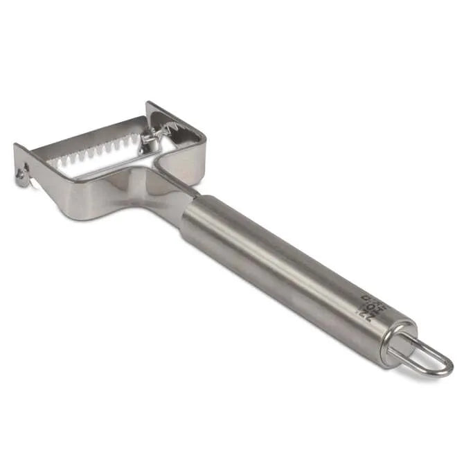 A stainless steel julienne peeler with a long handle and a two-bladed end.