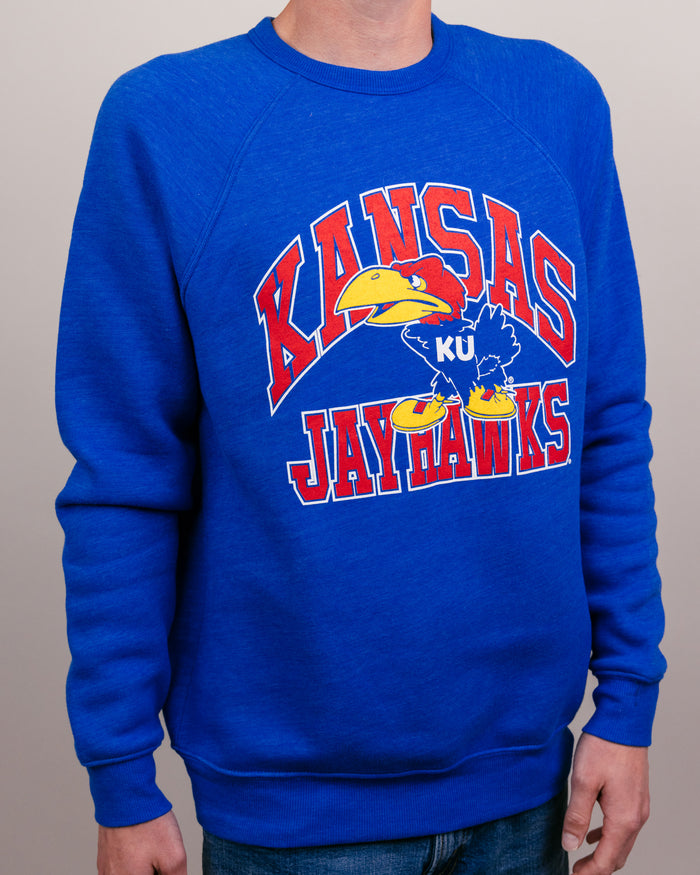 Royal Blue Kansas Jayhawks Mascot Arch Vintage Crewneck Sweatshirt Front
