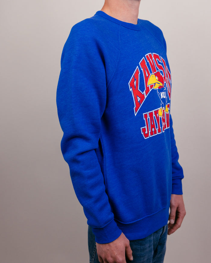 Royal Blue Kansas Jayhawks Mascot Arch Vintage Crewneck Sweatshirt Side