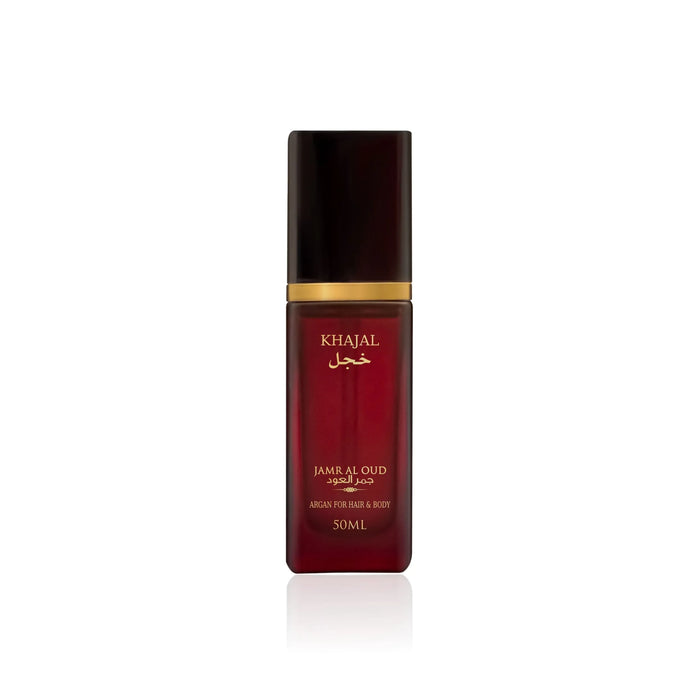 Khajal Jamr Al Oud luxury argan hair and body spray in a red 50ml bottle on white background