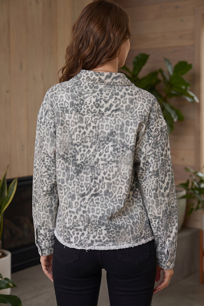 Khaki Leopard Print Studded Collar Studded Patch Pocket Denim Jacket