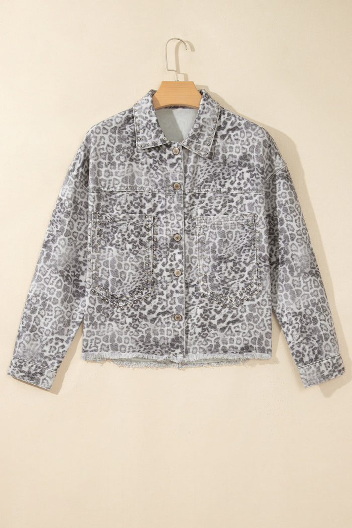 Khaki Leopard Print Studded Collar Studded Patch Pocket Denim Jacket