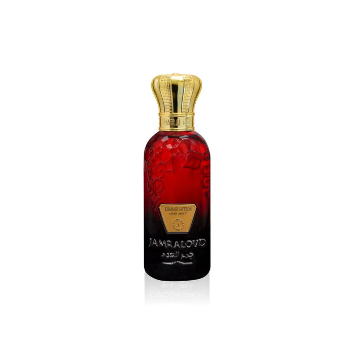 Jamr Al Oud Khamir Saffron luxury perfume bottle with gold crown cap and red-black gradient design