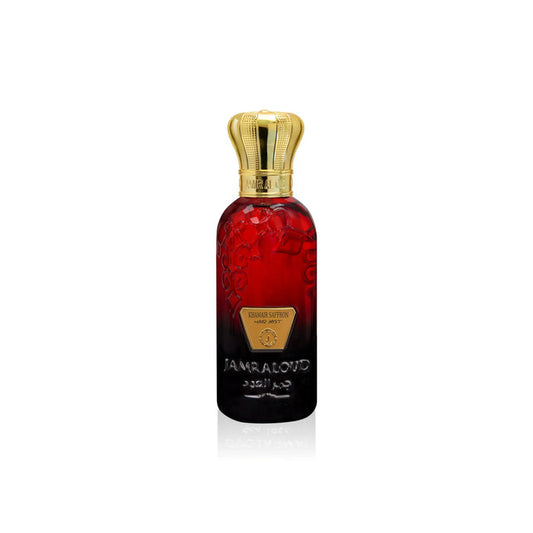 Jamr Al Oud Khamir Saffron luxury perfume bottle with gold crown cap and red-black gradient design