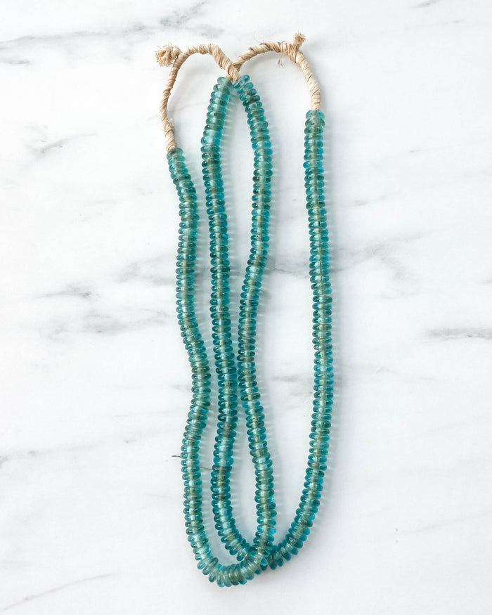 Lagoon aqua teal handmade Ghanaian small rondelle glass beads