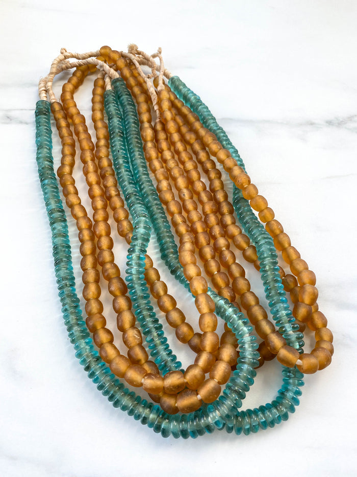 Lagoon aqua teal handmade Ghanaian small rondelle glass beads