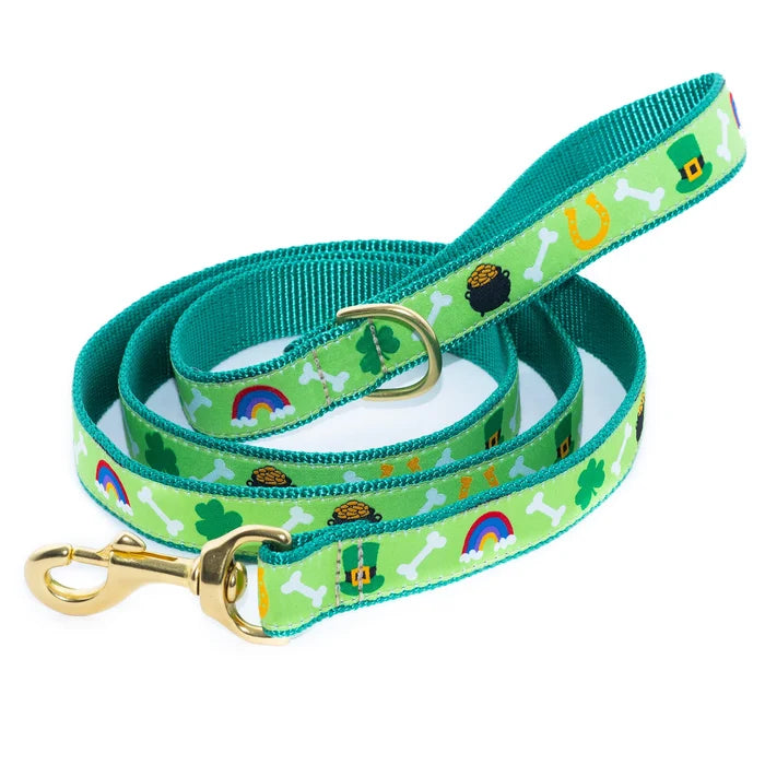 Dog leash with green and blue pattern on a white background