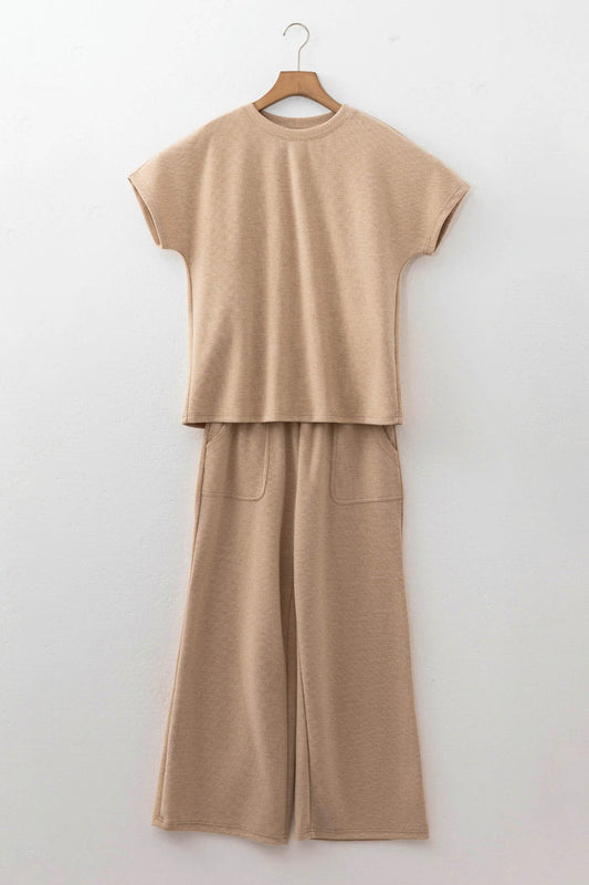 Light French Beige Short Sleeve Ribbed Top Wide Leg Pants Two Piece Set