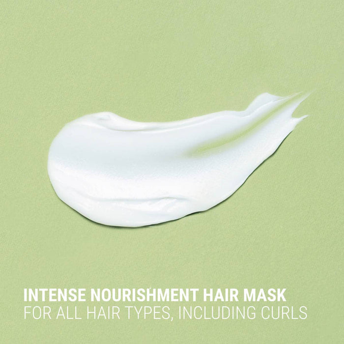 White hair mask on a green background with text about hair mask for all hair types.